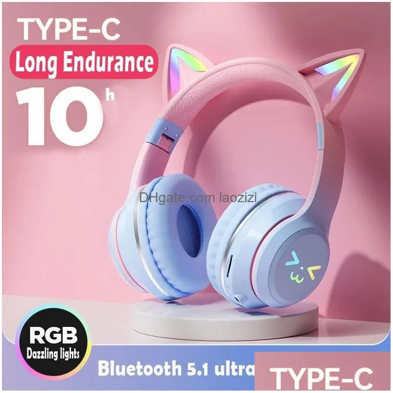 headphones wireless headphones rgb cute cat girls kids gift headset with microphone stereo music gaming headsets control lights