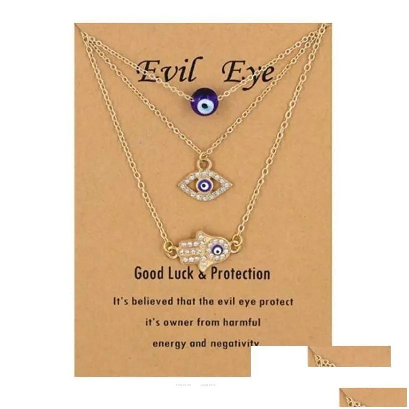 3Pcs/Set Hamsa Evil Eye Necklace Turkish Blue Hand Pendant Necklaces Lucky Protection Jewelry Gift For Women Girls Wholesale Drop Del