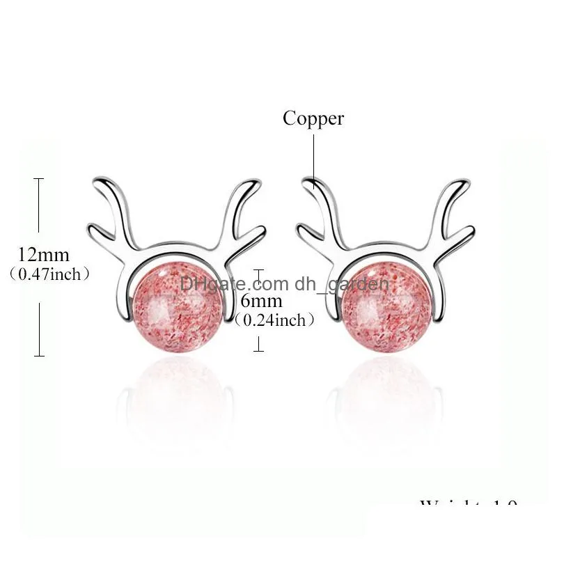 New arrival beautiful round strawberry crystal moonstone stud earrings for women high quality copper deer antlers earring christmas