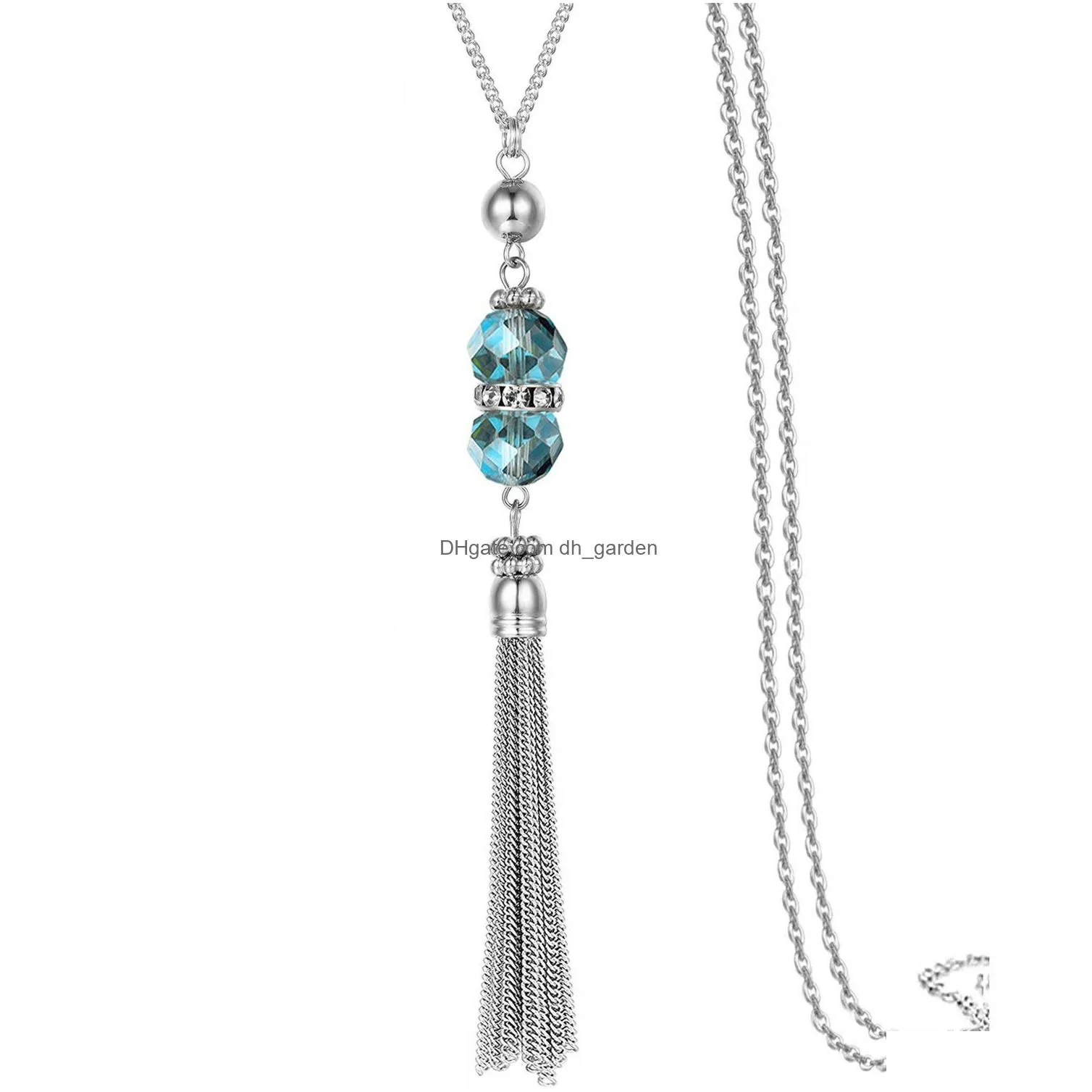 Korean Crystal Long Necklace Women Sweater Chain Fashion 2019 New Rhinestone Beads Alloy Tassel Bijoux Shiny Blue Party Jewelry Lady