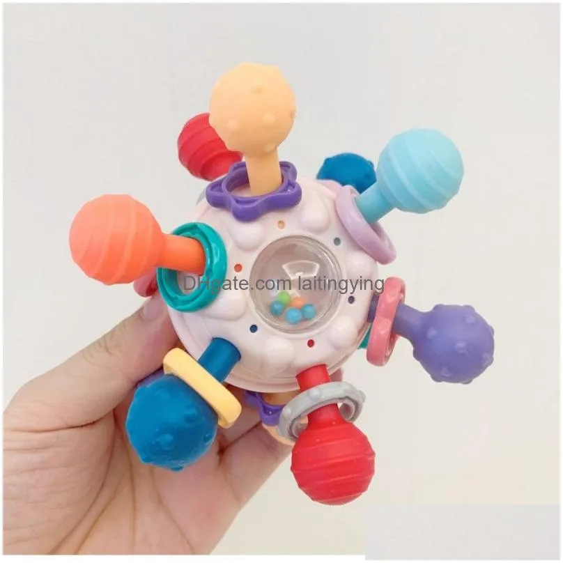  5.7cm stock soft rubber baby handbell toy baby grasping training can bite silicone gum ball puzzle early education 3-12 months