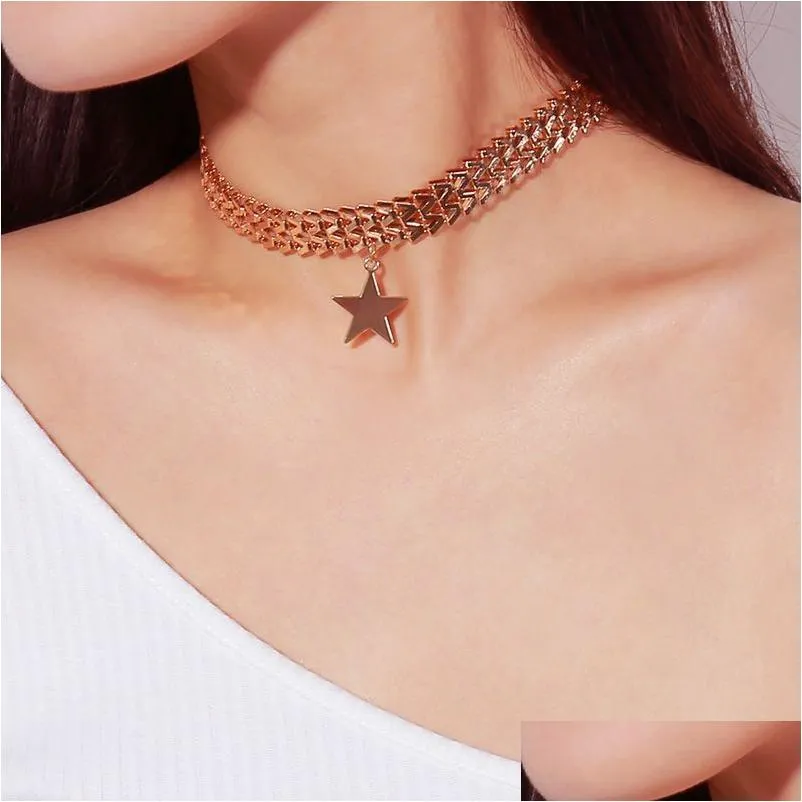 New Trendy Punk Rock Gold Color Stars Pendant Choker Necklaces Jewelry Thick Chain Neck Collar for Women Statement Necklace 2018