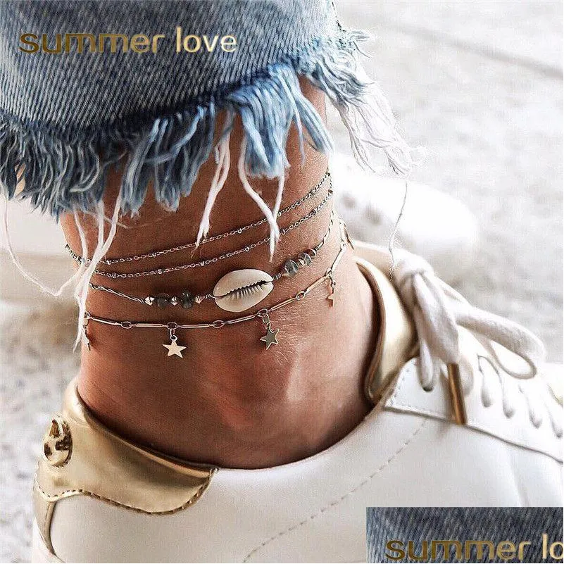 4 pcs/set Boho Star Natural Shell Stone Anklet Bracelet Woman Summer Beach Vintag Silver Beads Chain Anklets on the Leg Foot Jewelry