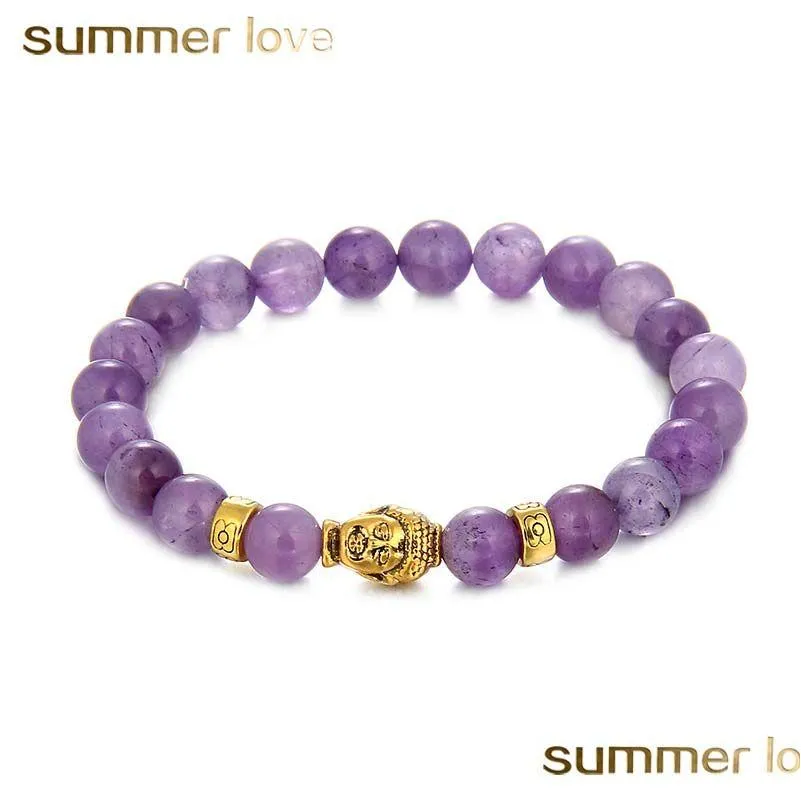 High quality 8mm Amethyst alloy Buddha Beads Bracelet for Women Men Elastic Healing Balance Delicate Bracelet Fashion Jewelry