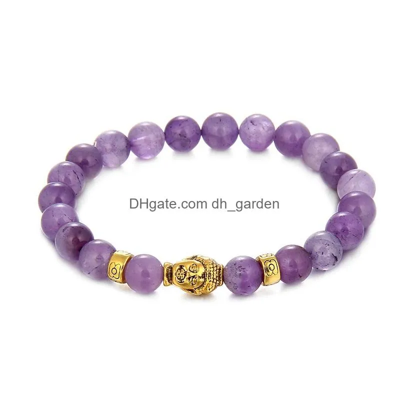 High quality 8mm Amethyst alloy Buddha Beads Bracelet for Women Men Elastic Healing Balance Delicate Bracelet Fashion Jewelry