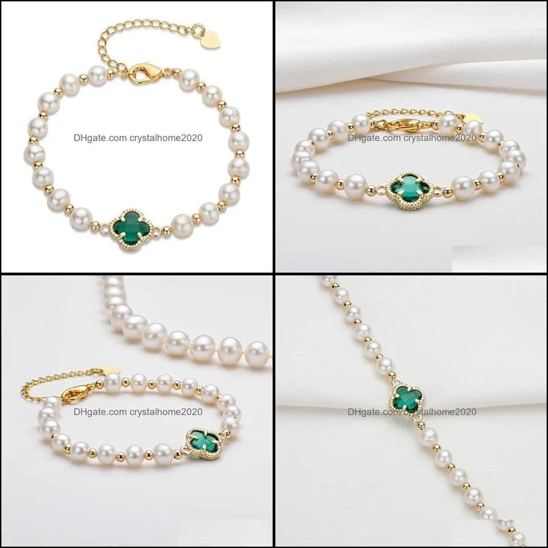14k gold filled natural freshwater chain bracelet 5-6mm oval white pearl four leaf clover women charm jewelry 210628