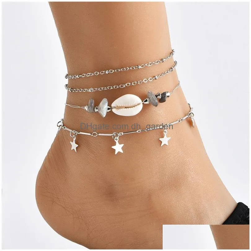4 pcs/set Boho Star Natural Shell Stone Anklet Bracelet Woman Summer Beach Vintag Silver Beads Chain Anklets on the Leg Foot Jewelry