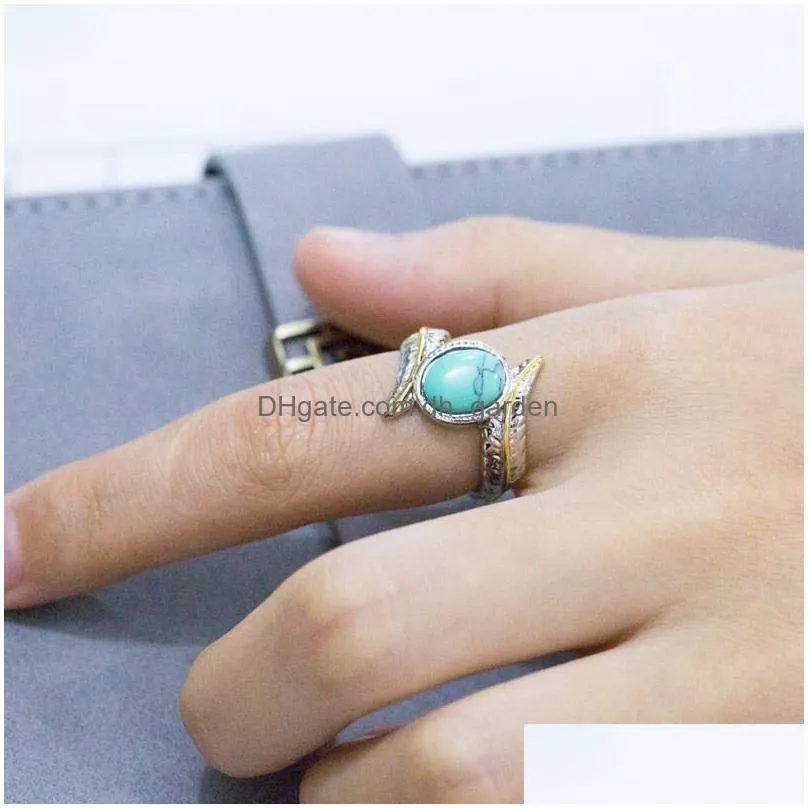 Retro Silver Feather Turquoise Ring Europe and America Fashion Engagement Rings for Women Wedding Bridal Jewelry Gift Wholesale