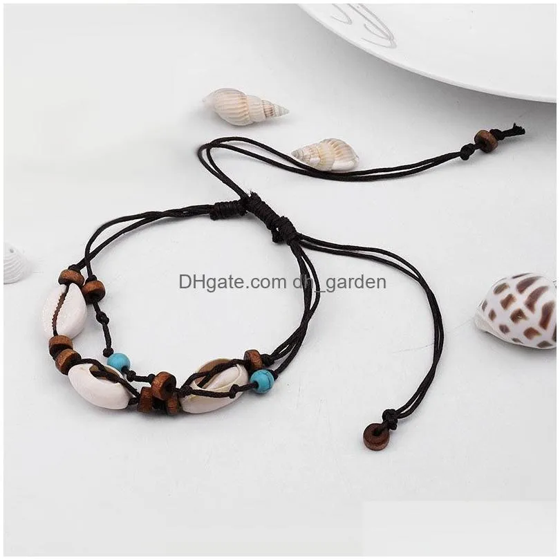Bohemian Woven Shell Wax Rope Ankle Bracelets for Women Fashion Handmade Braid Wooden Beads Anklets Beach Foot Jewelry Wholesale