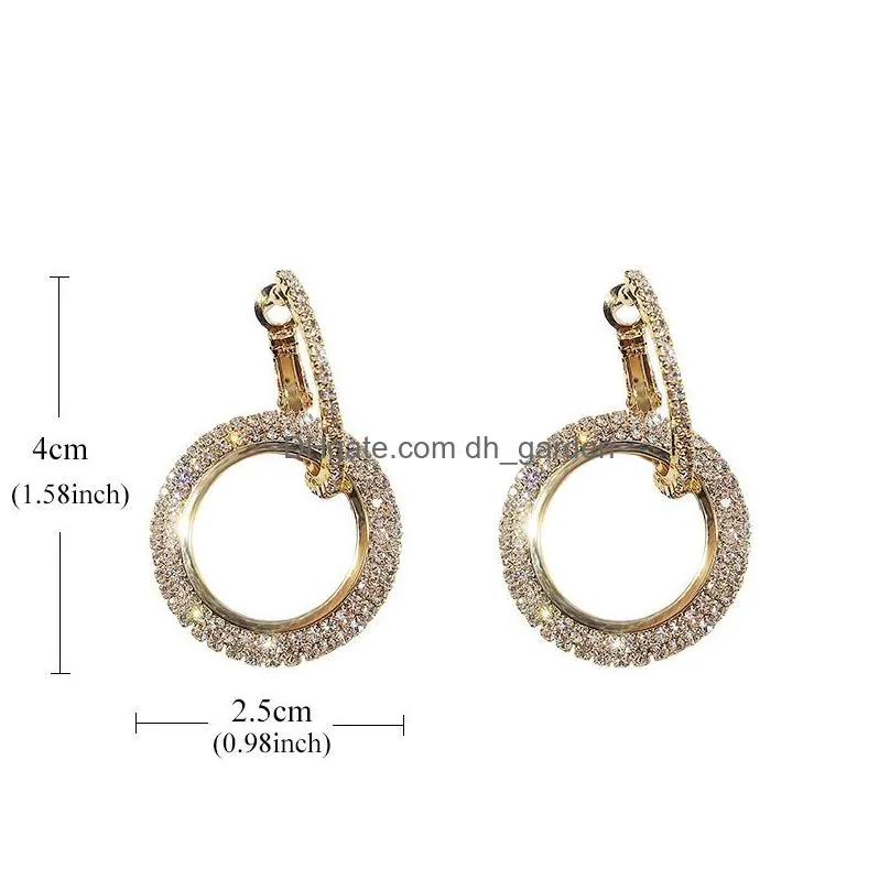 High Fashion Round Geometric Rhinestone Shiny Drop Earrings For Women Handmade Rose Gold Copper Hoop Earring with Steel Pin