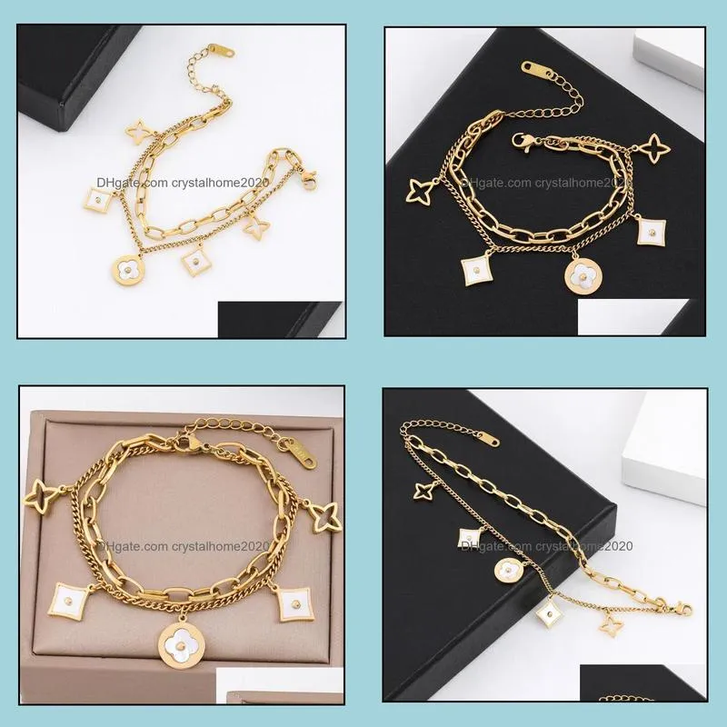 golden four-leaf clover letter women bracelet double-layer hollow hand chains birthday party valentines gift wedding jewelry