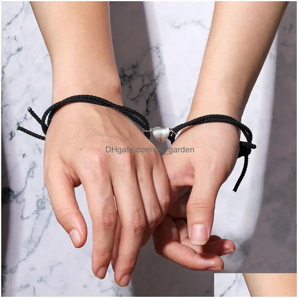 2Pcs Elastic Rope Chain Couple Bracelets Heart Pendant Lover Magnet Braided Magnetic Distance Friendship Bracelet Jewelry for women