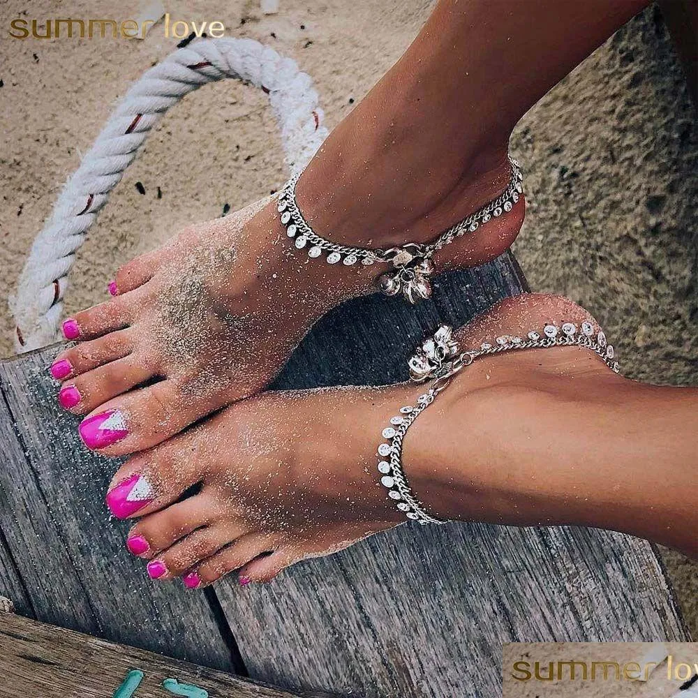 Retro Bohemian Round Bell Anklet Ankle Bracelets for Women Fashion Punk Metal European and American Adjustable Tassel Jewelry Gift