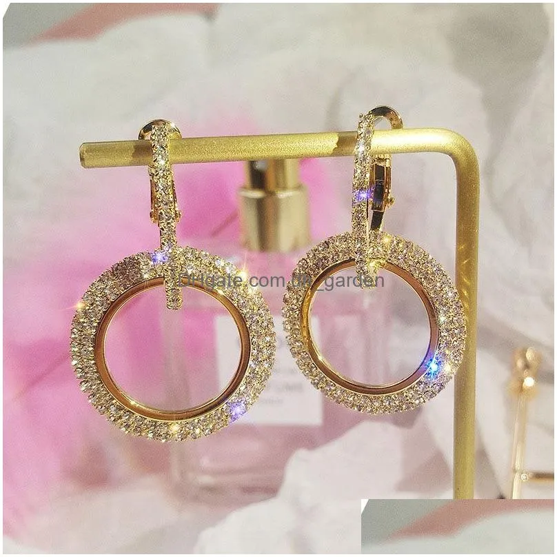 High Fashion Round Geometric Rhinestone Shiny Drop Earrings For Women Handmade Rose Gold Copper Hoop Earring with Steel Pin