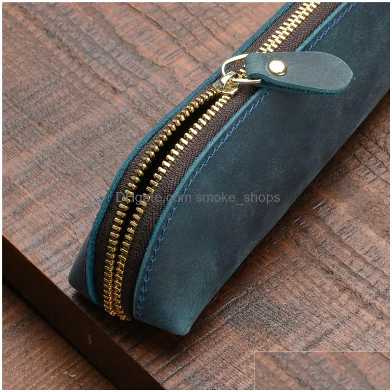 Pencil Bags Vintage Leather Pencil Case School Office Stationery Bag Cowe Fountain Pen Box Makeup Brush Pouch Holder 1Xbjk2105 Drop De Dh01P