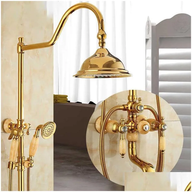 Bathroom Shower Sets Tuqiu Bath And Shower Faucet Gold Brass Jade Set Wall Mounted Rainfall Hand Bathroom Sets Drop Delivery Home Gard Dheqq