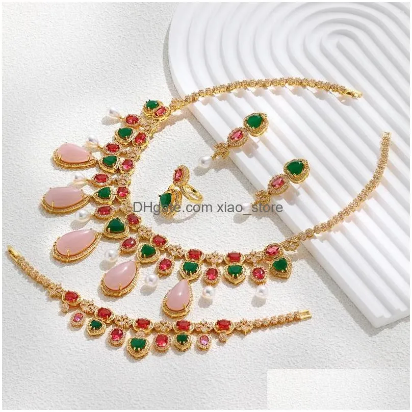 necklace earrings set 2023 4-piece bridal wedding jewelry pink cubic zirconia womens party accessories for saudi arabia bride