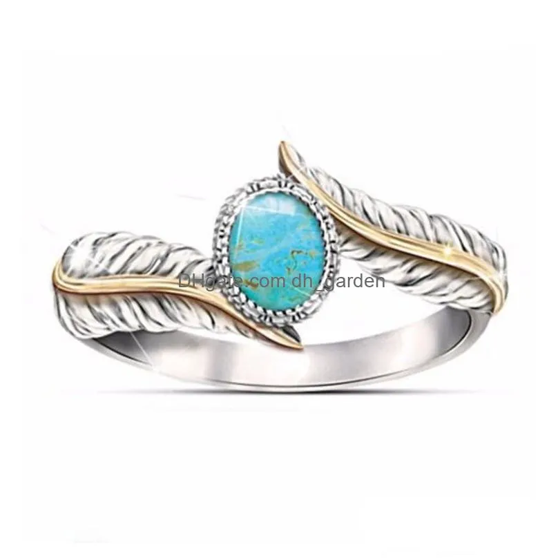 Retro Silver Feather Turquoise Ring Europe and America Fashion Engagement Rings for Women Wedding Bridal Jewelry Gift Wholesale