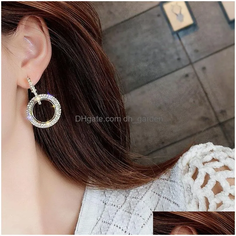 High Fashion Round Geometric Rhinestone Shiny Drop Earrings For Women Handmade Rose Gold Copper Hoop Earring with Steel Pin