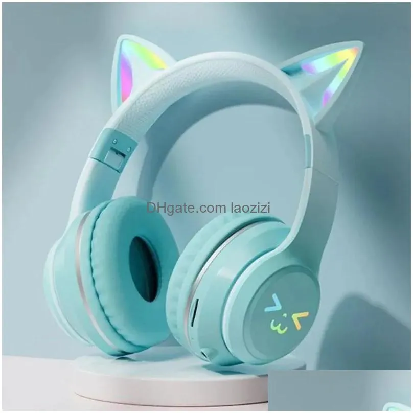 headphones wireless headphones rgb cute cat girls kids gift headset with microphone stereo music gaming headsets control lights