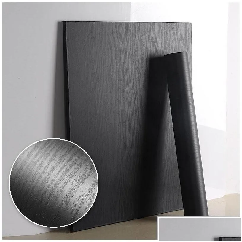 Wallpapers Pvc Self Adhesive Waterproof Black Wood Wallpaper Roll For Furniture Door Desktop Cabinets Wardrobe Wall Contact Paper Dr