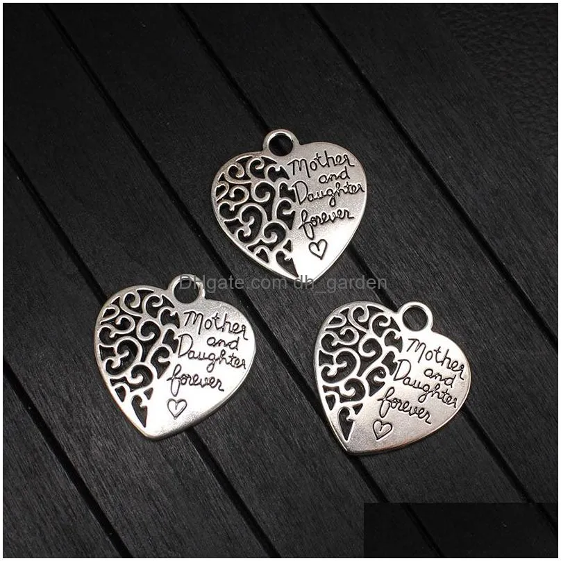 hollow 20pcs lot mother daughter charm letter heart charm pendant for diy jewelry making new