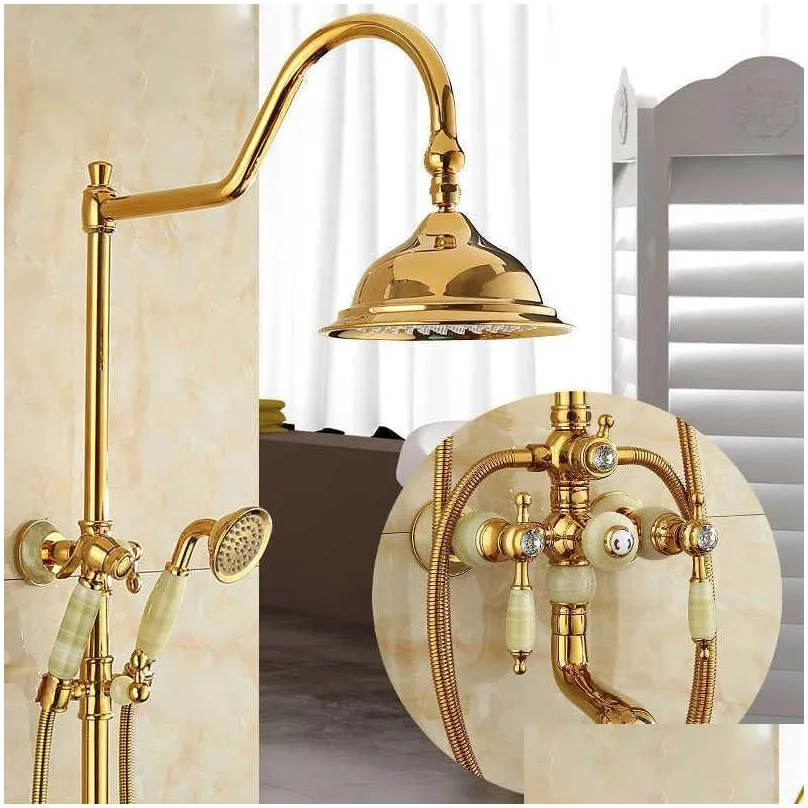 Bathroom Shower Sets Tuqiu Bath And Shower Faucet Gold Brass Jade Set Wall Mounted Rainfall Hand Bathroom Sets Drop Delivery Home Gard Dheqq
