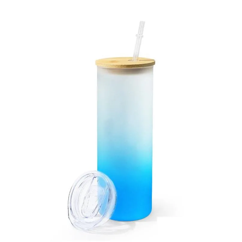 Water Bottles 16Oz 20Oz 25Oz Straight Sublimation Glass Tumbler Water Bottle With Bamboo Lid St Blank Frosted Gradient Colors Glasses Dhpfz