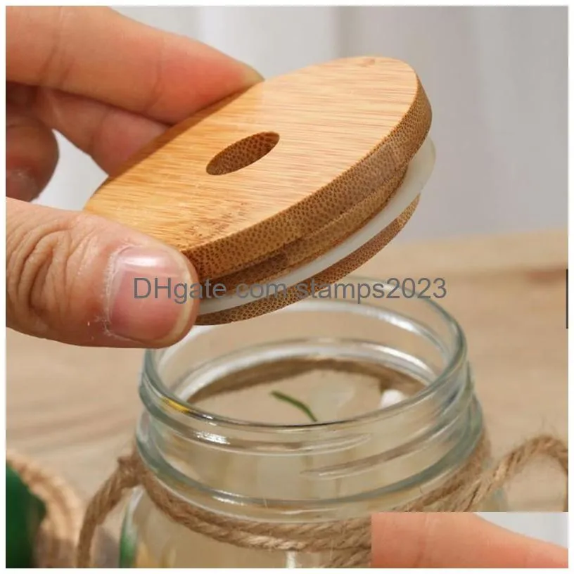 natural bamboo cap lids reusable wooden mason jar lid sealing caps with straw hole and silicone seal