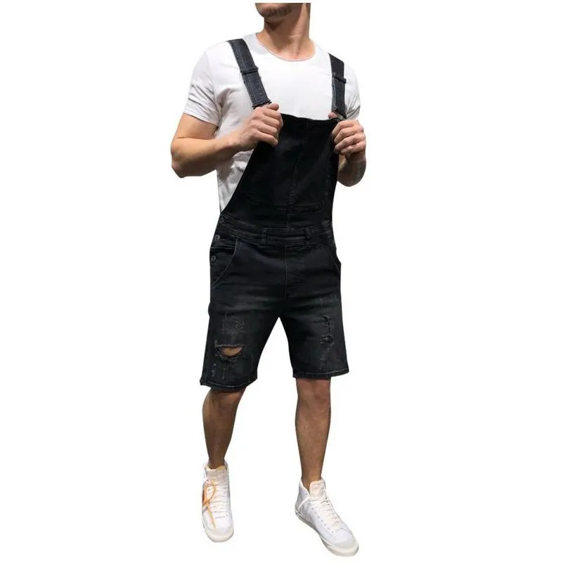 2019 fashion mens ripped jeans jumpsuits shorts summer hi street distressed denim bib overalls for man suspender pants