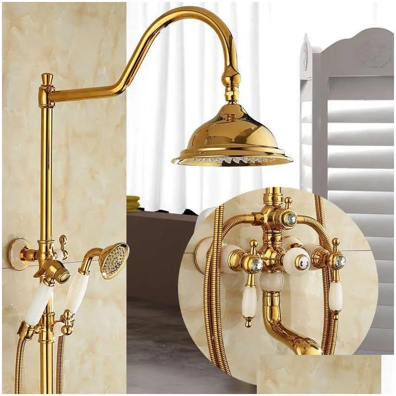 Bathroom Shower Sets Tuqiu Bath And Shower Faucet Gold Brass Jade Set Wall Mounted Rainfall Hand Bathroom Sets Drop Delivery Home Gard Dheqq