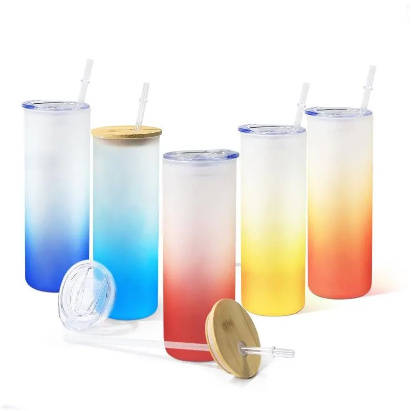 Water Bottles 16Oz 20Oz 25Oz Straight Sublimation Glass Tumbler Water Bottle With Bamboo Lid St Blank Frosted Gradient Colors Glasses Dhpfz