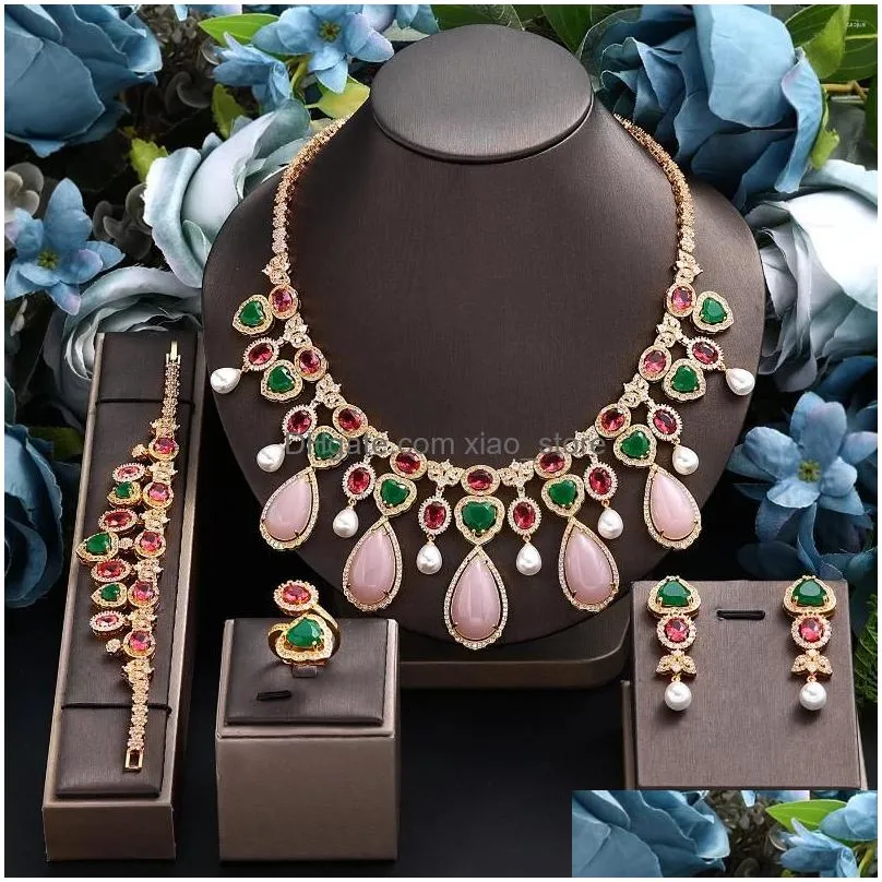 necklace earrings set 2023 4-piece bridal wedding jewelry pink cubic zirconia womens party accessories for saudi arabia bride