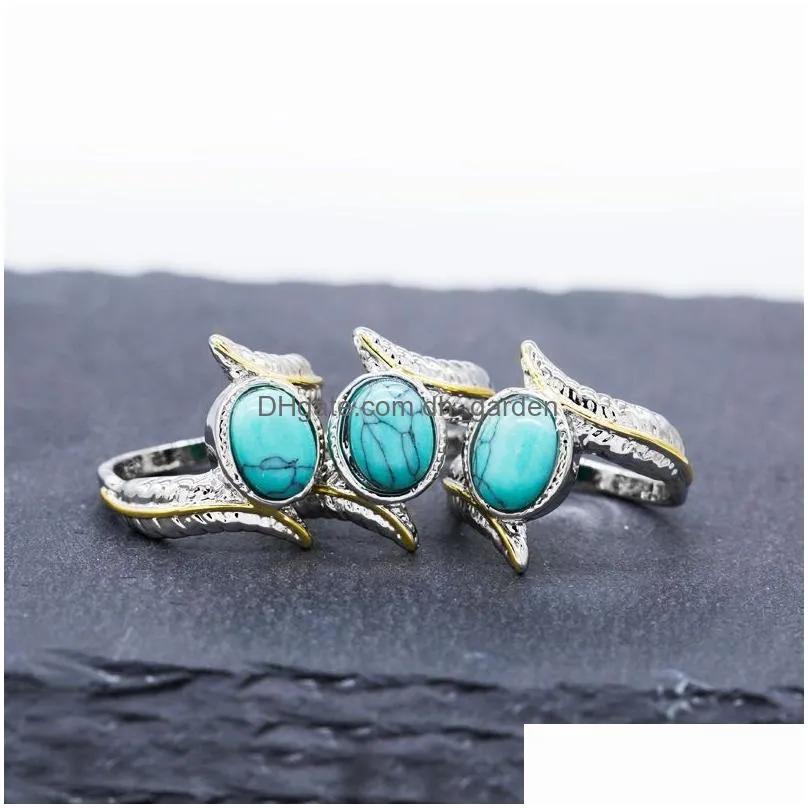 Retro Silver Feather Turquoise Ring Europe and America Fashion Engagement Rings for Women Wedding Bridal Jewelry Gift Wholesale