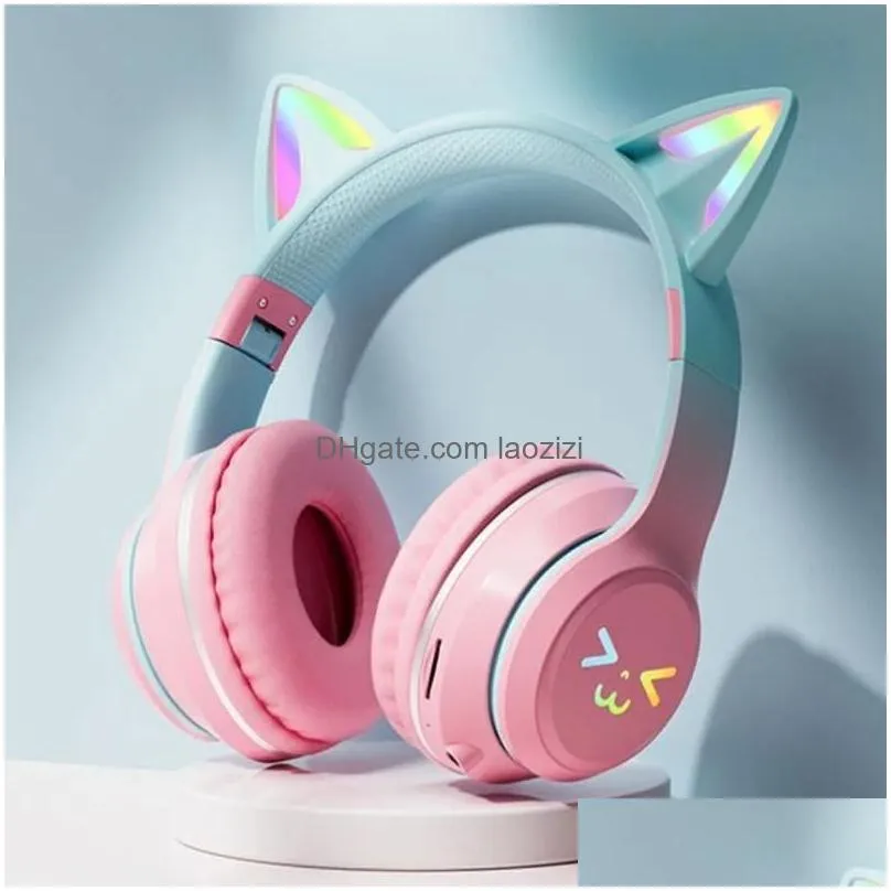 headphones wireless headphones rgb cute cat girls kids gift headset with microphone stereo music gaming headsets control lights