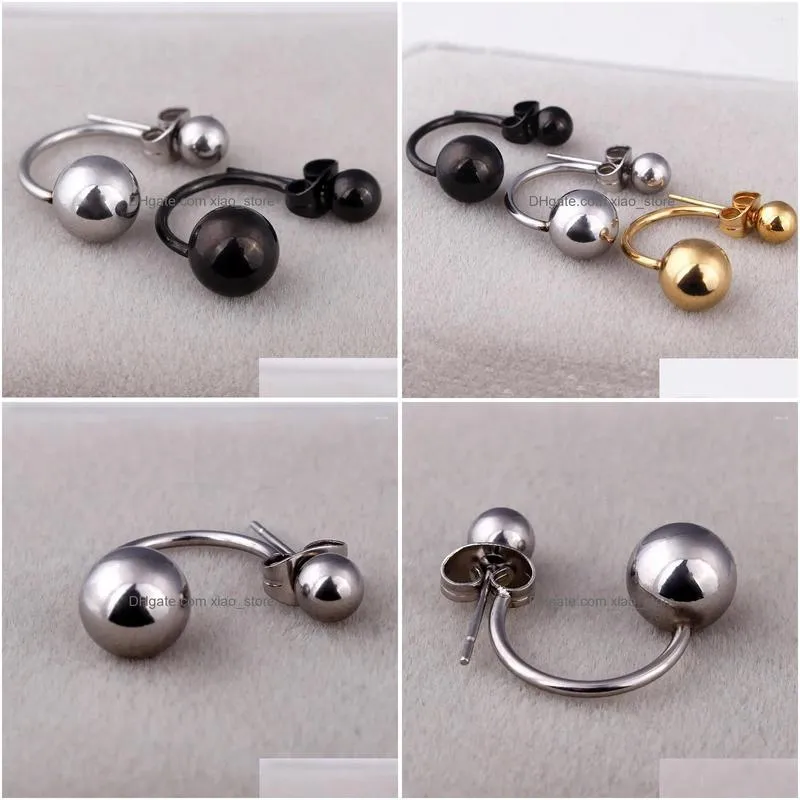 stud earrings women double balls ear studs color gold black stainless steel two sides hook jewelry