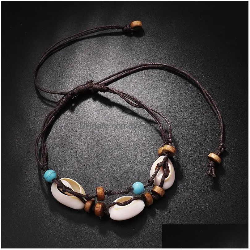 Bohemian Woven Shell Wax Rope Ankle Bracelets for Women Fashion Handmade Braid Wooden Beads Anklets Beach Foot Jewelry Wholesale