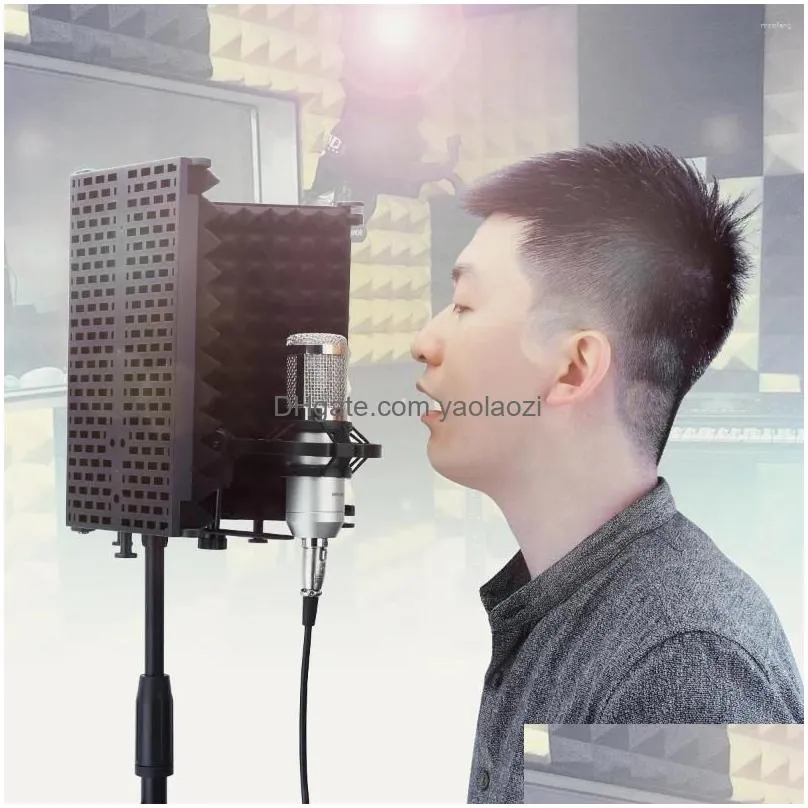 microphones metal microphone isolation shield 3-panel wind screen foldable 3/8 and 5/8 threaded absorbing foam for live broadcast