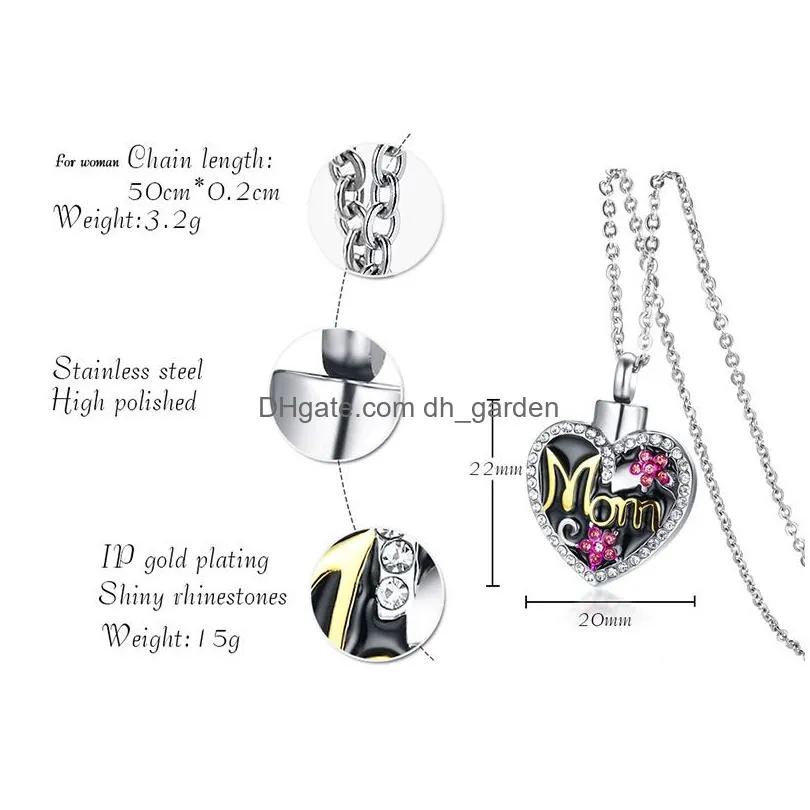 retro cute crystal flower mom heart necklace stainless steel memorial cremation urn necklace pendant bone ash jewelry for women