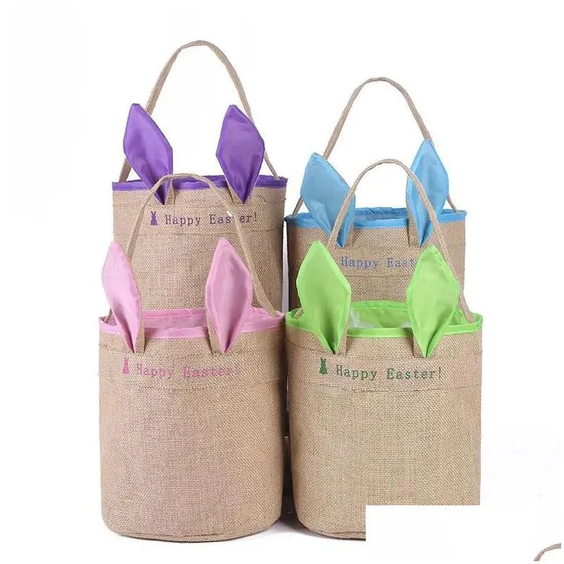 burlap happy easter basket with bunny ears baskets jute bucket tote bag cute easter eggs gift diy handbag rabbit ears put storage bags