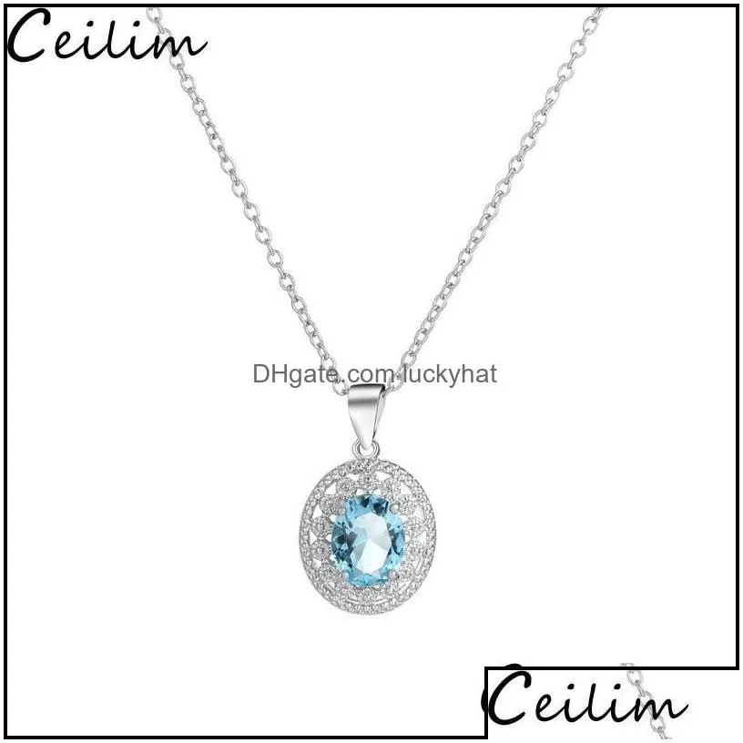 Pendant Necklaces Sterling Sier Blue Crystal Rhinestone Necklace Simated Gemstone For Women Girls Wholesale Drop Delivery Jewelry Pen