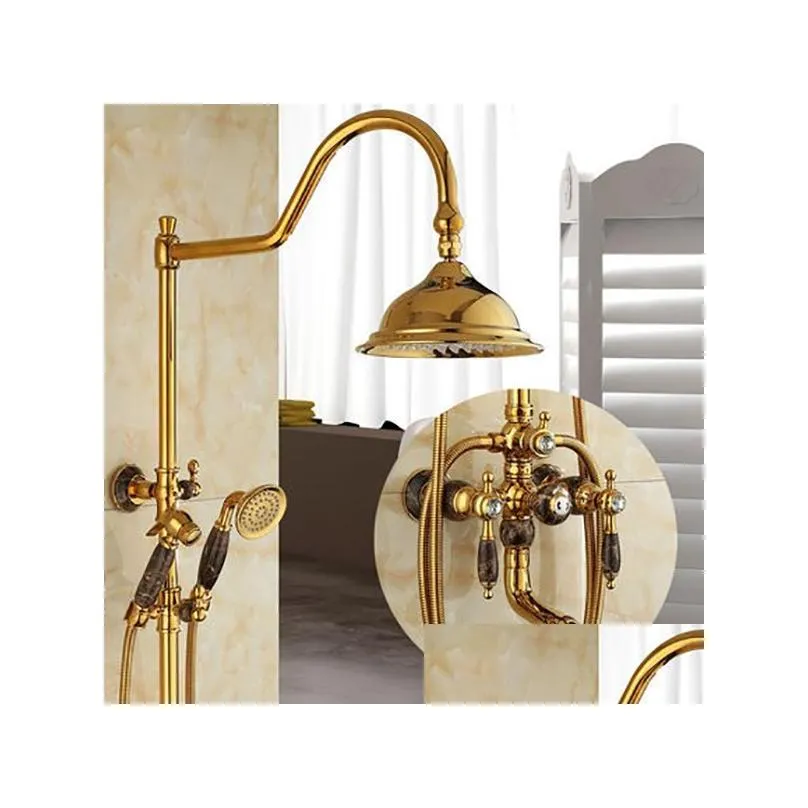 Bathroom Shower Sets Tuqiu Bath And Shower Faucet Gold Brass Jade Set Wall Mounted Rainfall Hand Bathroom Sets Drop Delivery Home Gard Dheqq