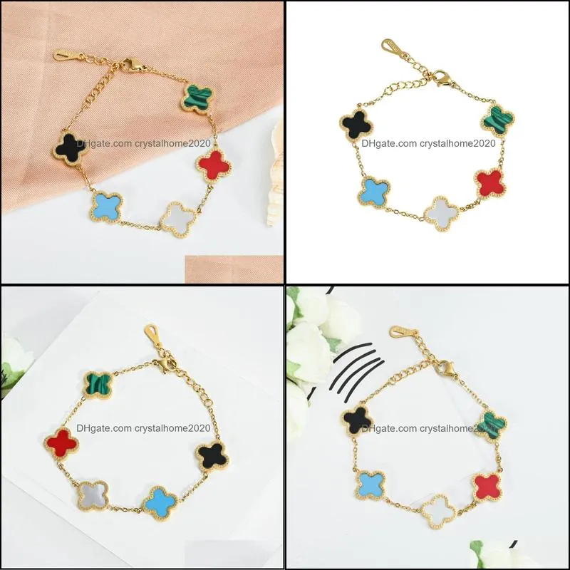 fashion design rainbow flower clover charm bracelet gold plated titanium steel jewelry for women gift