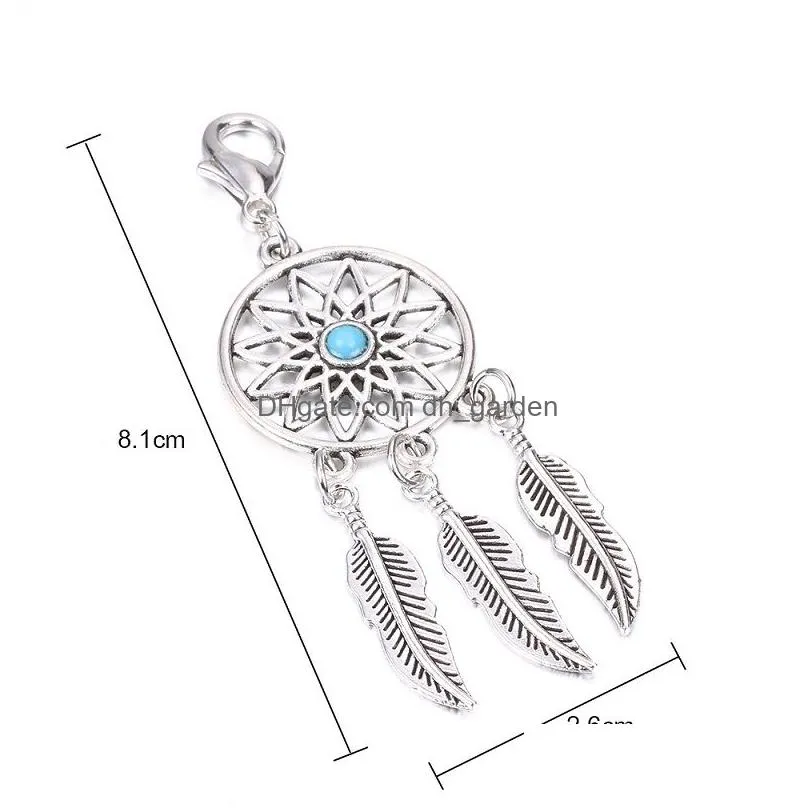 Vintage Sliver Feather Dreamcather Round Hollow Keychain for Women Tassel Beads Leaf Key Ring Fit Bag Key Car Decorative Jewelry
