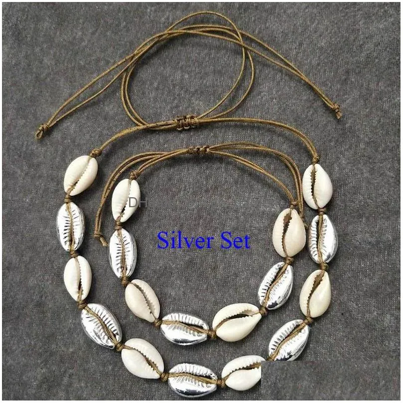 beach natural and zinc alloy shell charm bracelet necklace beige cord gold color handwoven one set necklace for women gift