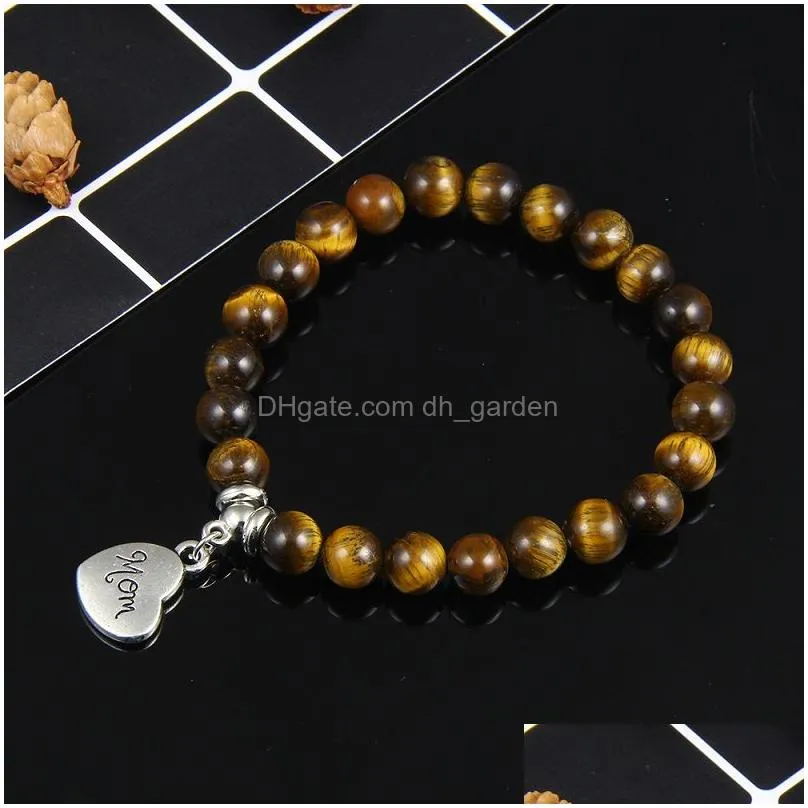 8mm Opal Tiger Eye Agate Beads Natural Stone Beaded Bracelet for Women Heart Alloy Mom Charm Elastic Bracelet Fashion Jewelry