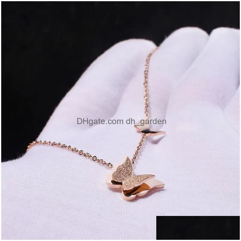 High Quality Stainless Steel Butterfly Pendant Necklace for Women Girls Adjustable Sanding Link Chain Necklace Lovely Rose Gold Jewelry