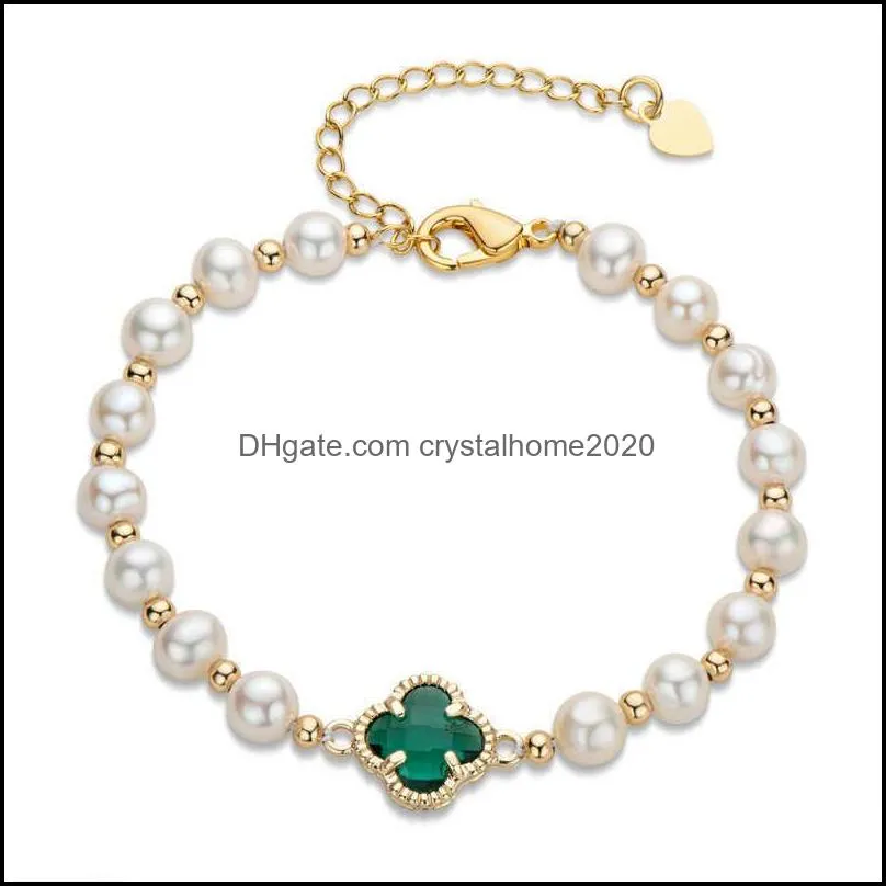 14k gold filled natural freshwater chain bracelet 5-6mm oval white pearl four leaf clover women charm jewelry 210628