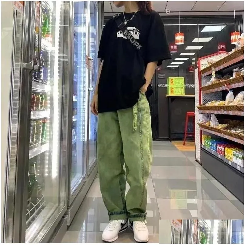 jeans houzhou green jeans women y2k baggy streetwear hiphop high waist denim pants harajuku vintage loose trousers female korean style