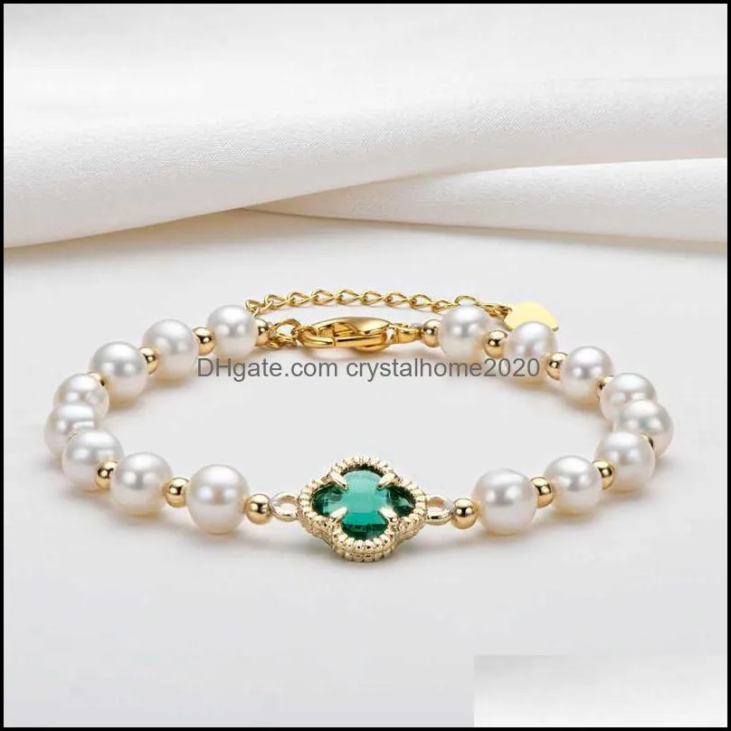 14k gold filled natural freshwater chain bracelet 5-6mm oval white pearl four leaf clover women charm jewelry 210628